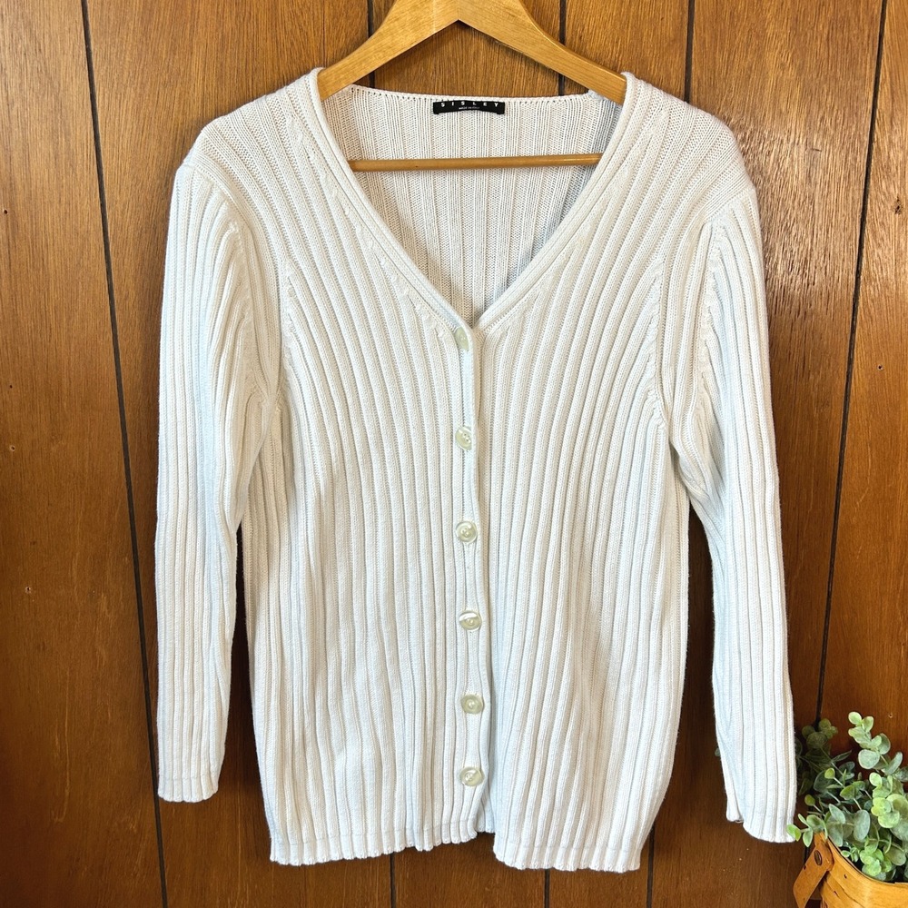 Sisley Made in Italy White Ribbed V Neck Button Up Long Sleeve Cardigan Sweater